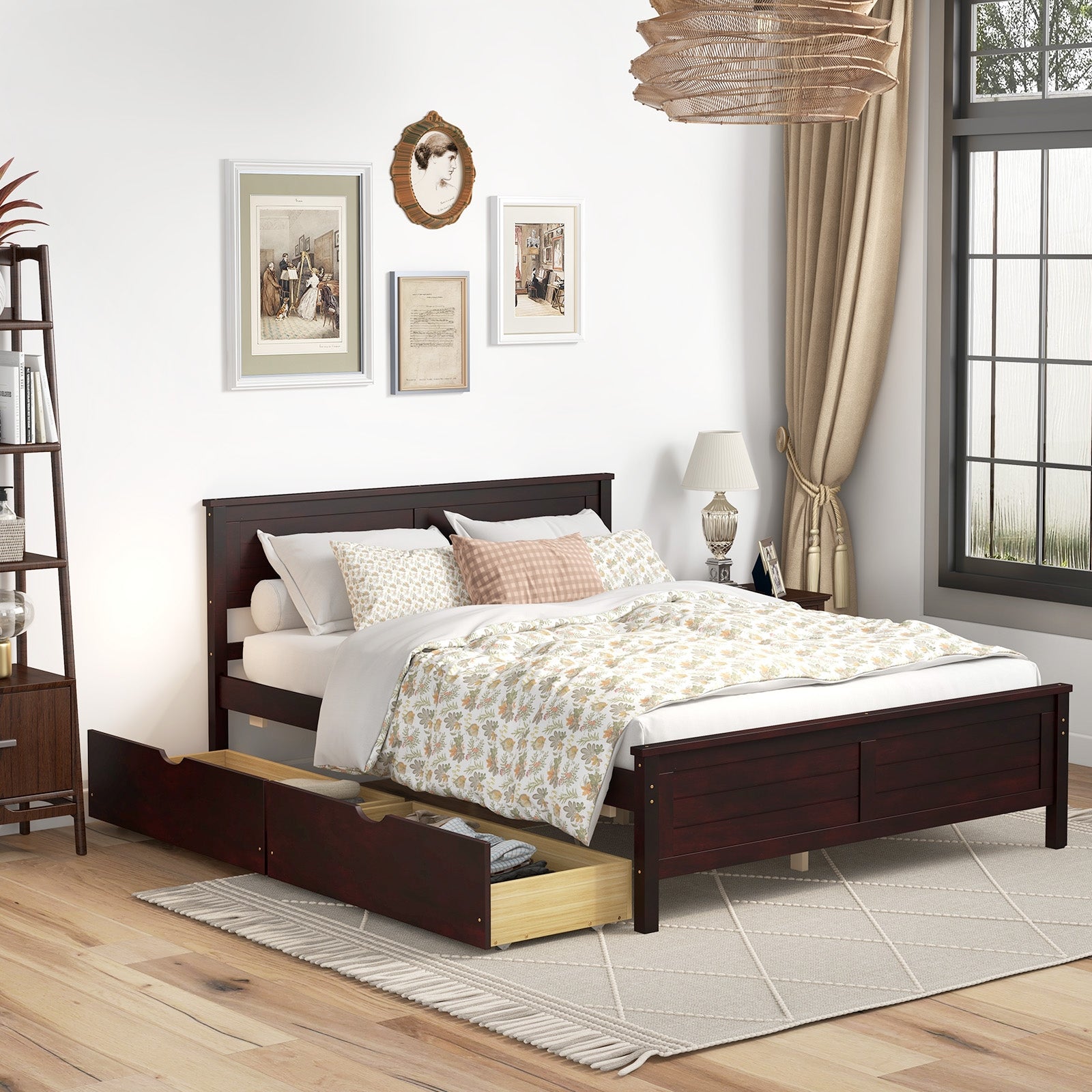 Full Size Bed Frame with Storage Drawers and Solid Wood Headboard, Espresso Simple Bed Frame at Gallery Canada