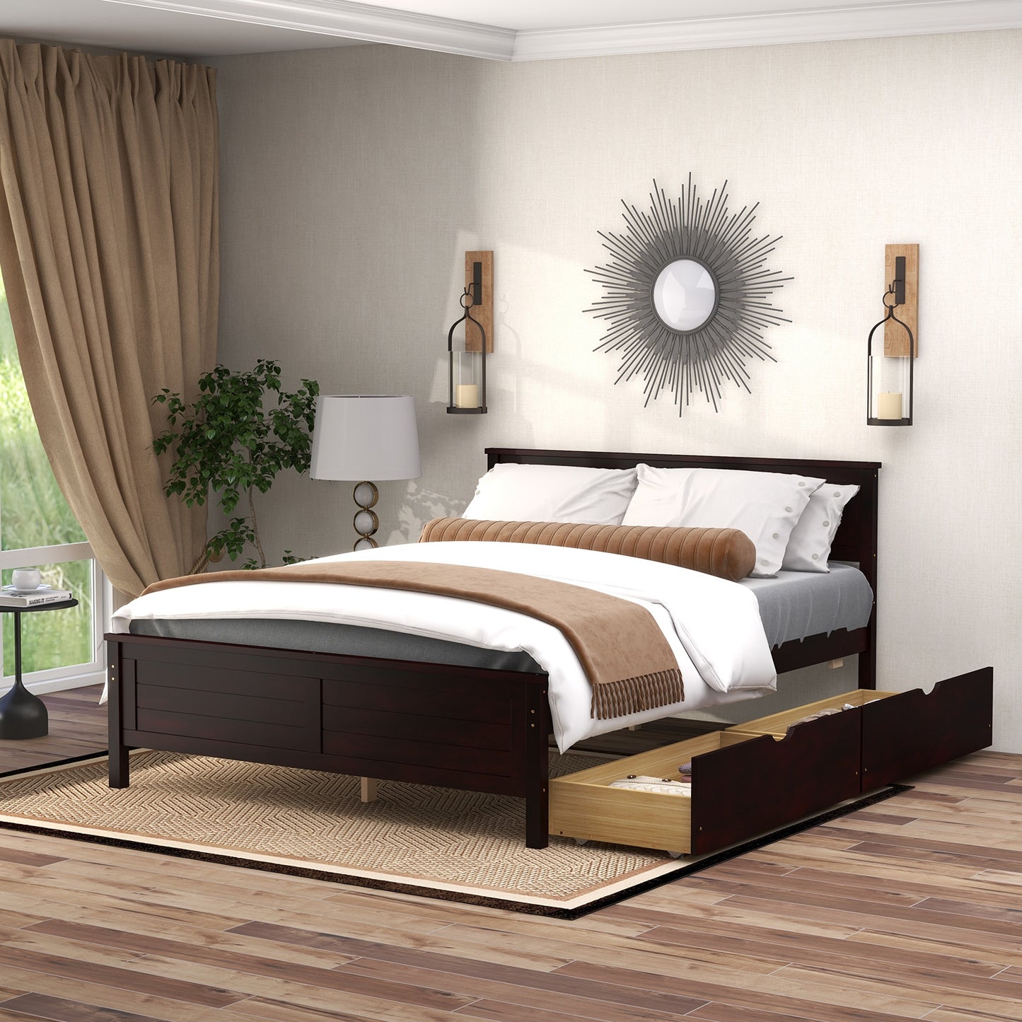 Full Size Bed Frame with Storage Drawers and Solid Wood Headboard, Espresso Simple Bed Frame at Gallery Canada