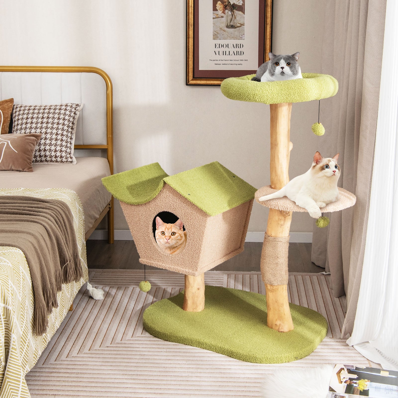 43 Inch Wooden Cat Tree with Padded Top Perch, Green Cat Trees Condos & Scratchers at Gallery Canada