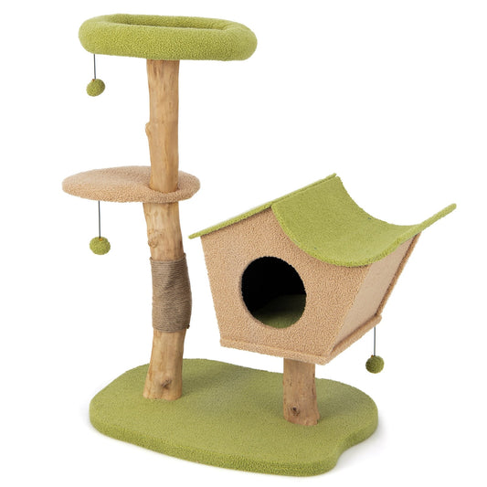 43 Inch Wooden Cat Tree, Padded Top Perch, Green Cat Trees Condos & Scratchers Green at Gallery Canada