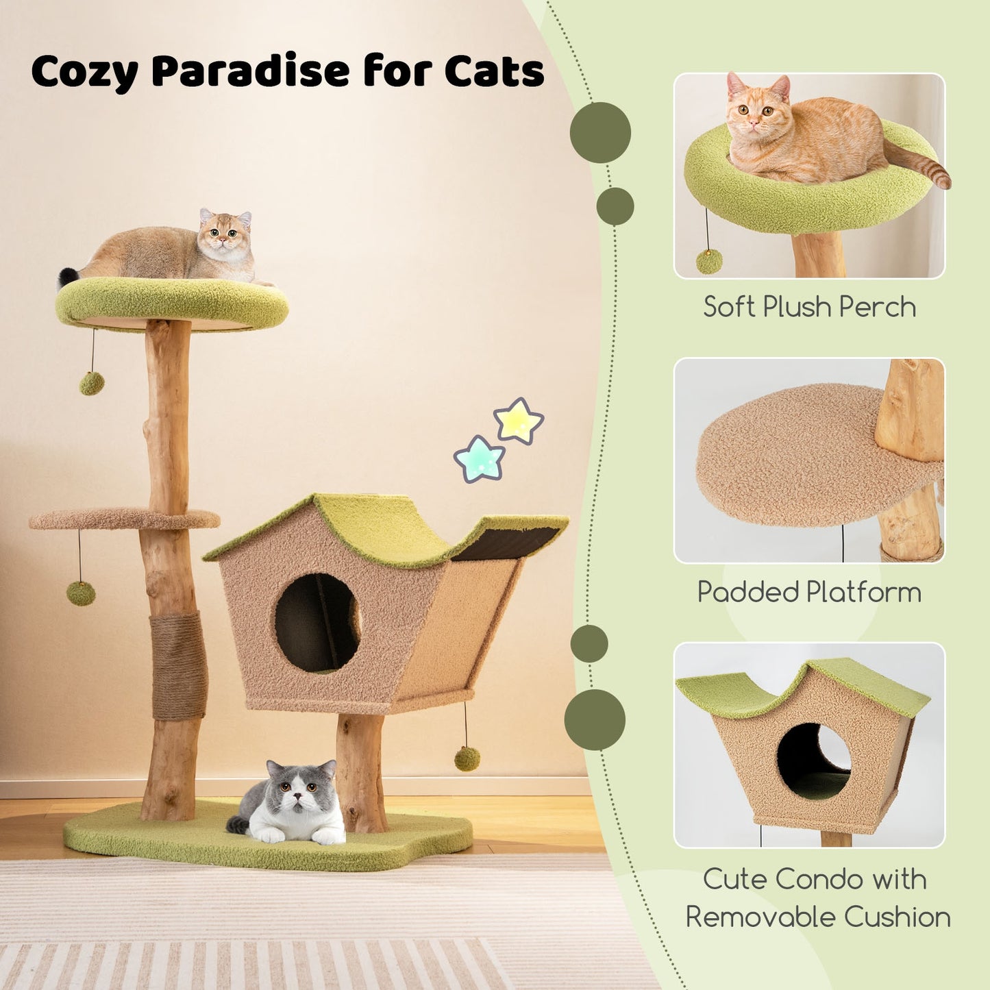 43 Inch Wooden Cat Tree with Padded Top Perch, Green Cat Trees Condos & Scratchers at Gallery Canada