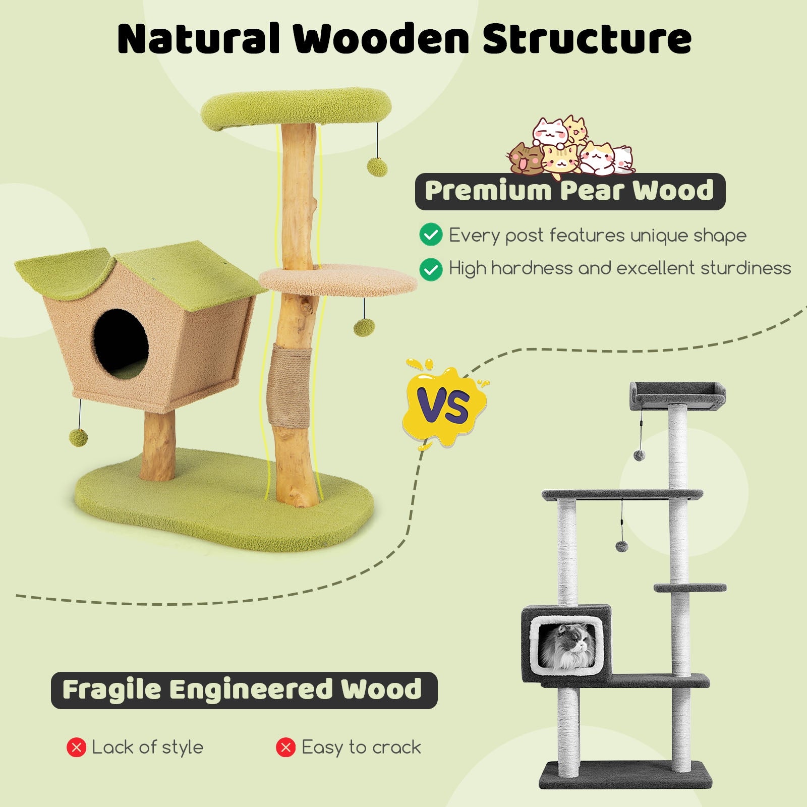 43 Inch Wooden Cat Tree with Padded Top Perch, Green Cat Trees Condos & Scratchers at Gallery Canada