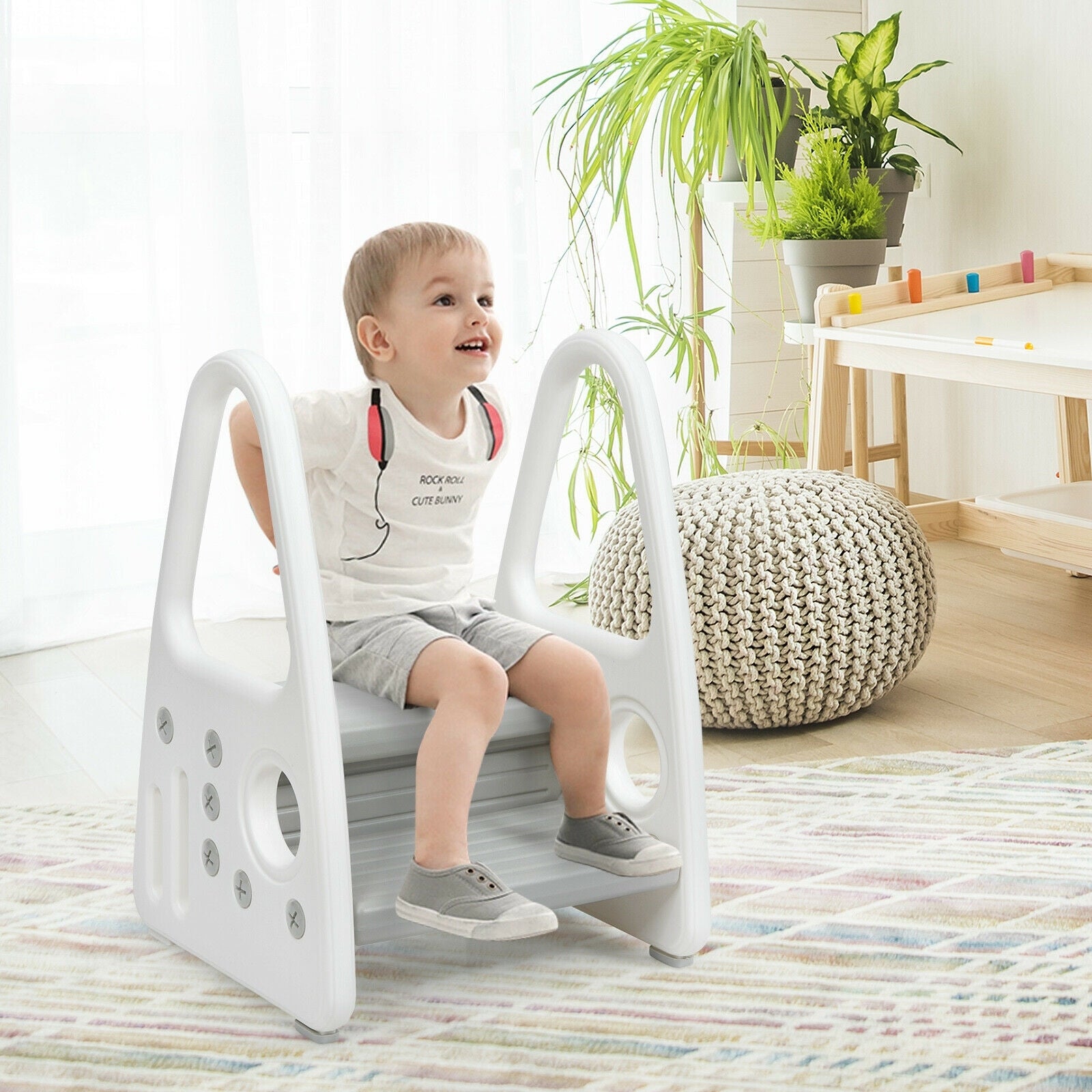 Kids Step Stool Learning Helper with Armrest for Kitchen Toilet Potty Training, Gray Toddler & Kids Furniture at Gallery Canada