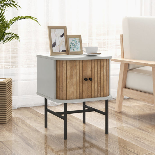 Mid-century Modern Nightstand with Sliding Doors and Storage Cabinet, White - Gallery Canada