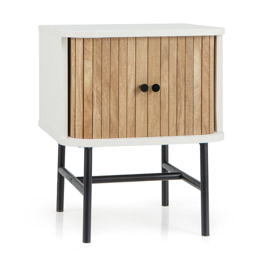 Mid-Century Modern Nightstand With Sliding Doors, Storage Cabinet, White Nightstands White at Gallery Canada