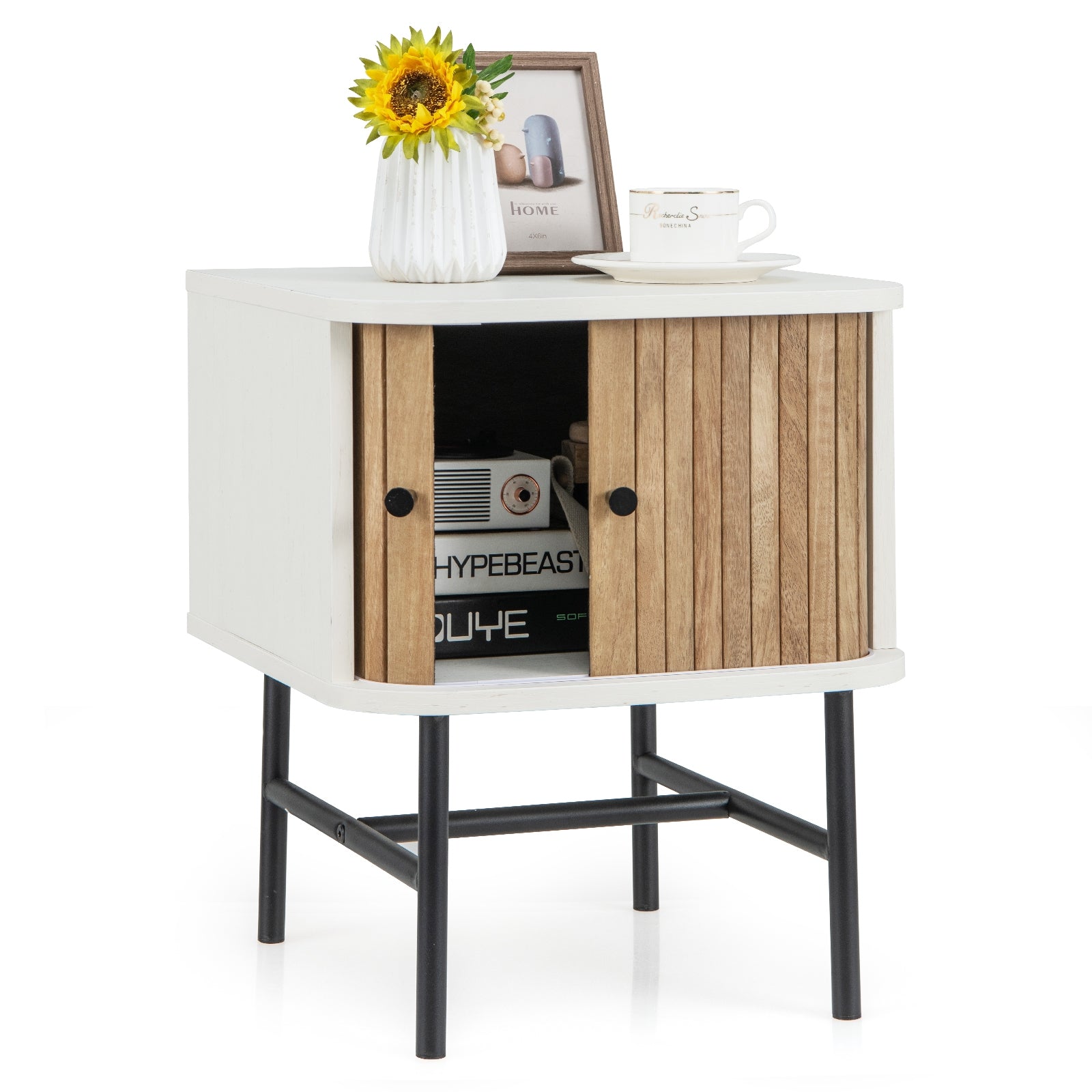 Mid-century Modern Nightstand with Sliding Doors and Storage Cabinet, White Nightstands at Gallery Canada