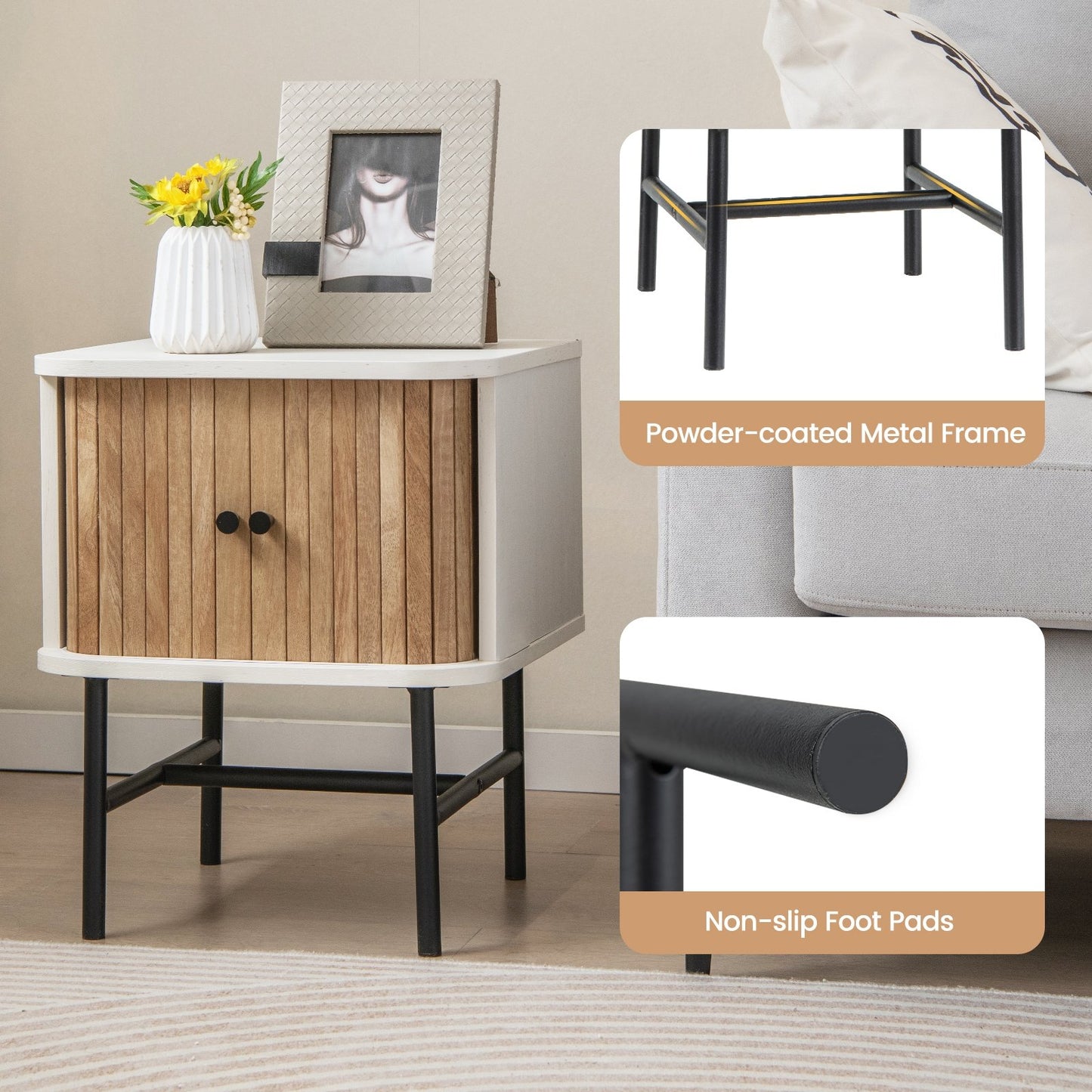 Mid-century Modern Nightstand with Sliding Doors and Storage Cabinet, White