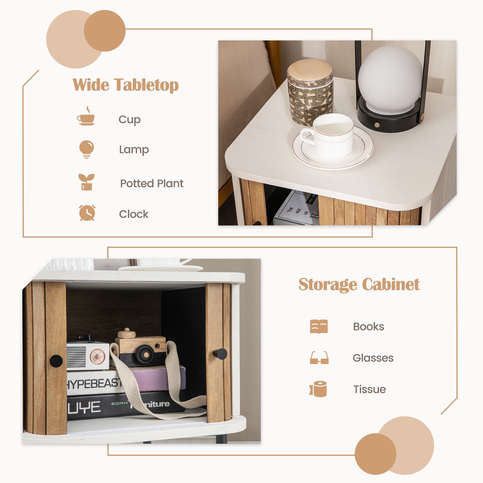 Mid-century Modern Nightstand with Sliding Doors and Storage Cabinet, White Nightstands at Gallery Canada