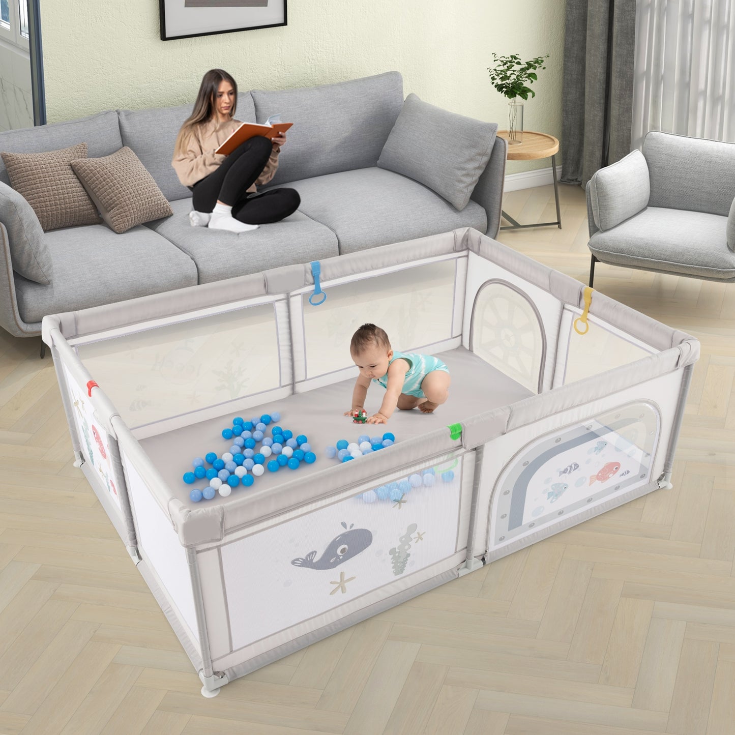 Large Baby Playpen with Pull Rings Ocean Balls and Cute Pattern-Whale, Gray Baby Playpen & Playards at Gallery Canada
