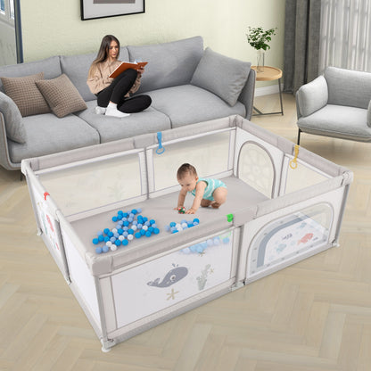 Large Baby Playpen with Pull Rings Ocean Balls and Cute Pattern-Whale, Gray Baby Playpen & Playards at Gallery Canada