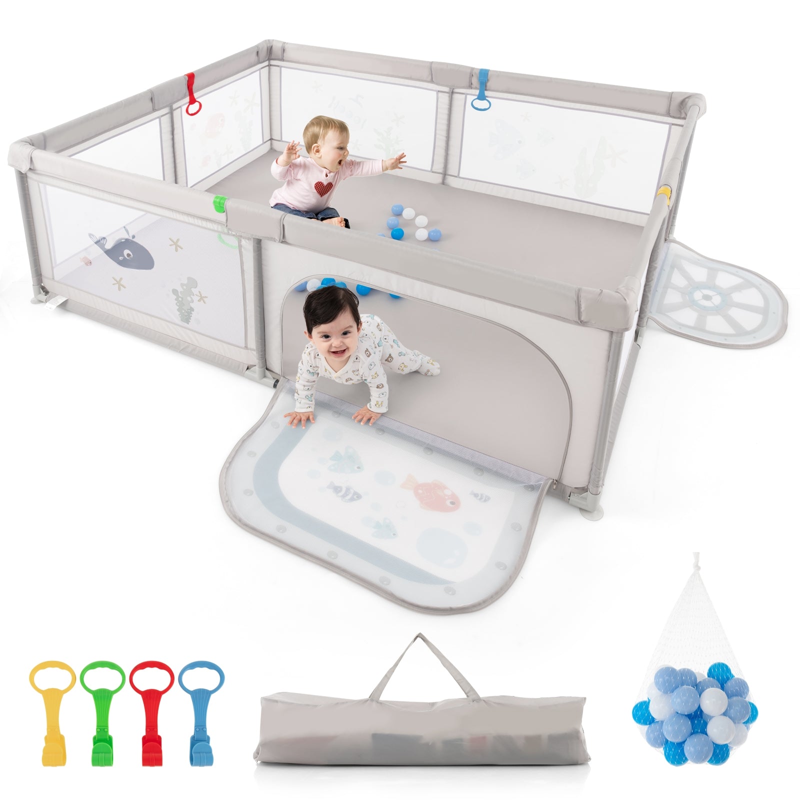 Large Baby Playpen with Pull Rings Ocean Balls and Cute Pattern-Whale, Gray Baby Playpen & Playards at Gallery Canada