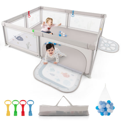 Large Baby Playpen with Pull Rings Ocean Balls and Cute Pattern-Whale, Gray Baby Playpen & Playards at Gallery Canada