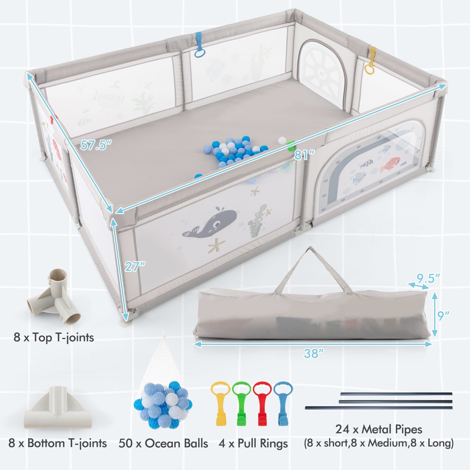Large Baby Playpen with Pull Rings Ocean Balls and Cute Pattern-Whale, Gray Baby Playpen & Playards at Gallery Canada