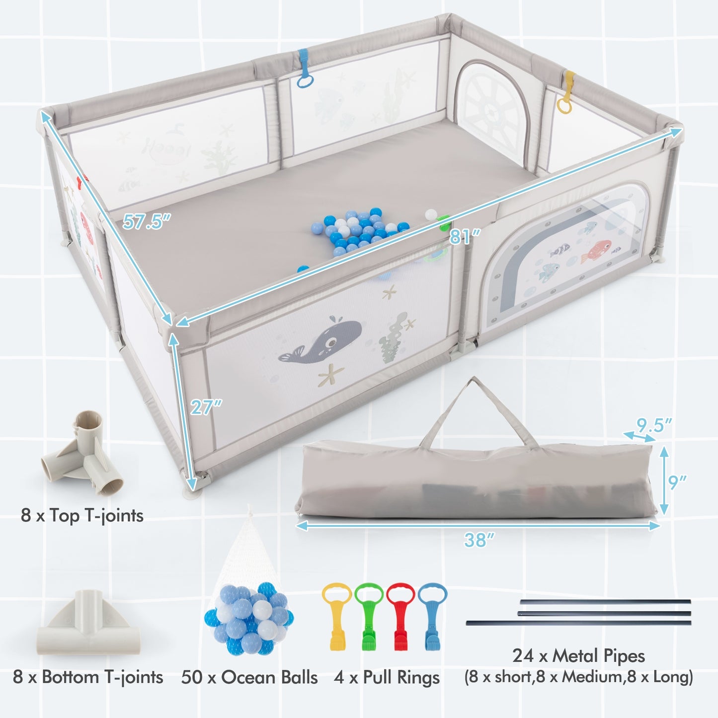 Large Baby Playpen with Pull Rings Ocean Balls and Cute Pattern-Whale, Gray Baby Playpen & Playards at Gallery Canada