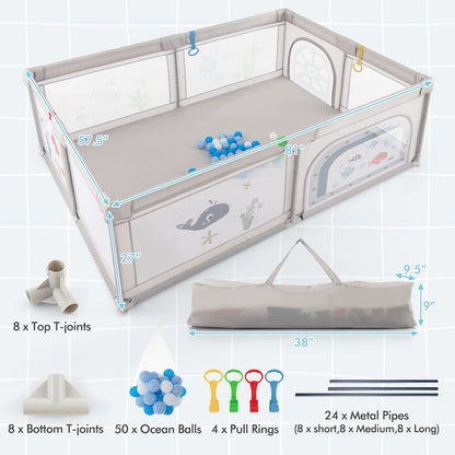 Large Baby Playpen with Pull Rings Ocean Balls and Cute Pattern-Whale, Gray Baby Playpen & Playards at Gallery Canada