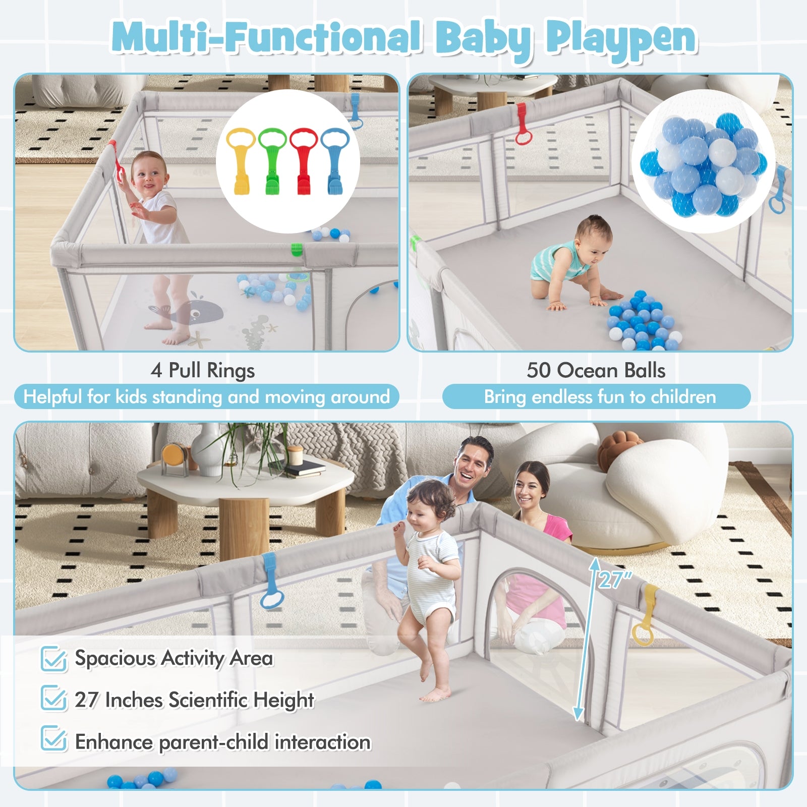 Large Baby Playpen with Pull Rings Ocean Balls and Cute Pattern-Whale, Gray Baby Playpen & Playards at Gallery Canada
