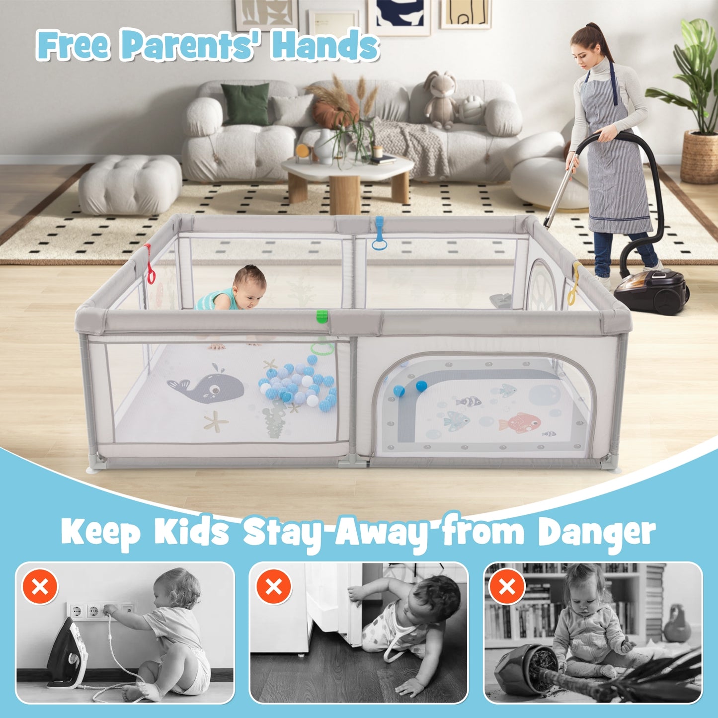 Large Baby Playpen with Pull Rings Ocean Balls and Cute Pattern-Whale, Gray Baby Playpen & Playards at Gallery Canada