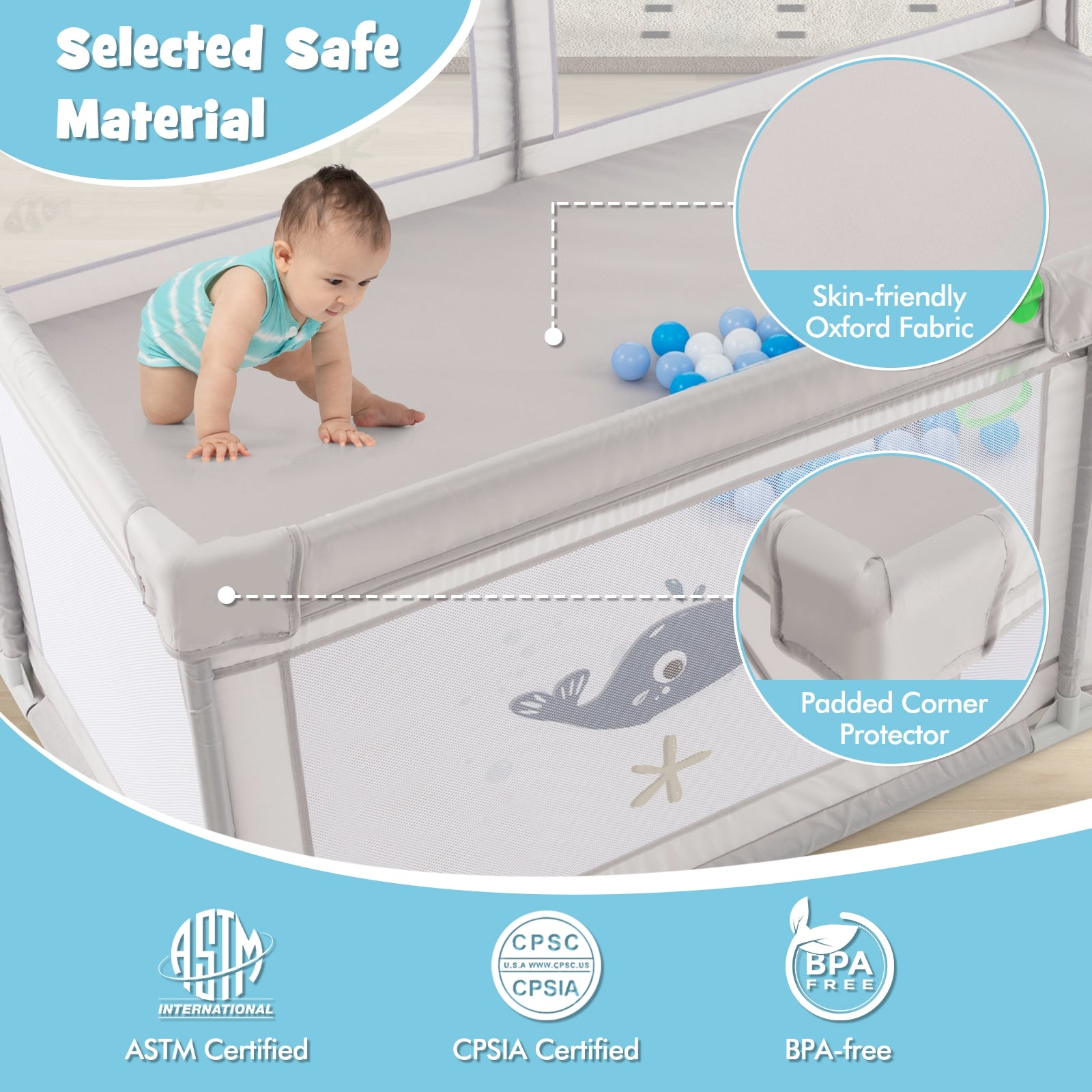 Large Baby Playpen with Pull Rings Ocean Balls and Cute Pattern-Whale, Gray Baby Playpen & Playards at Gallery Canada