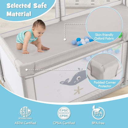 Large Baby Playpen with Pull Rings Ocean Balls and Cute Pattern-Whale, Gray Baby Playpen & Playards at Gallery Canada