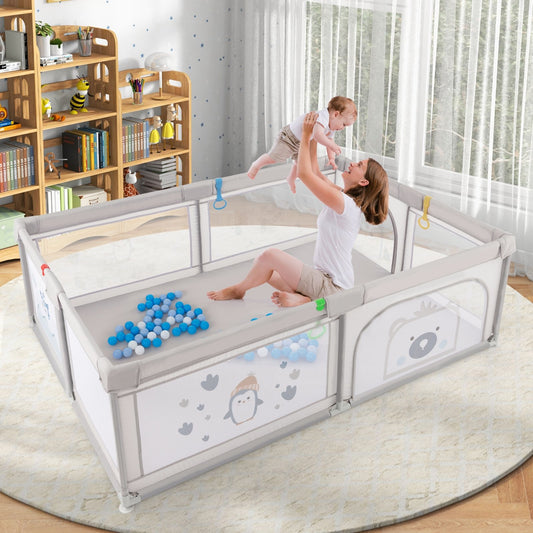 Large Baby Playpen with Pull Rings Ocean Balls and Cute Pattern-Penguin, Gray - Gallery Canada