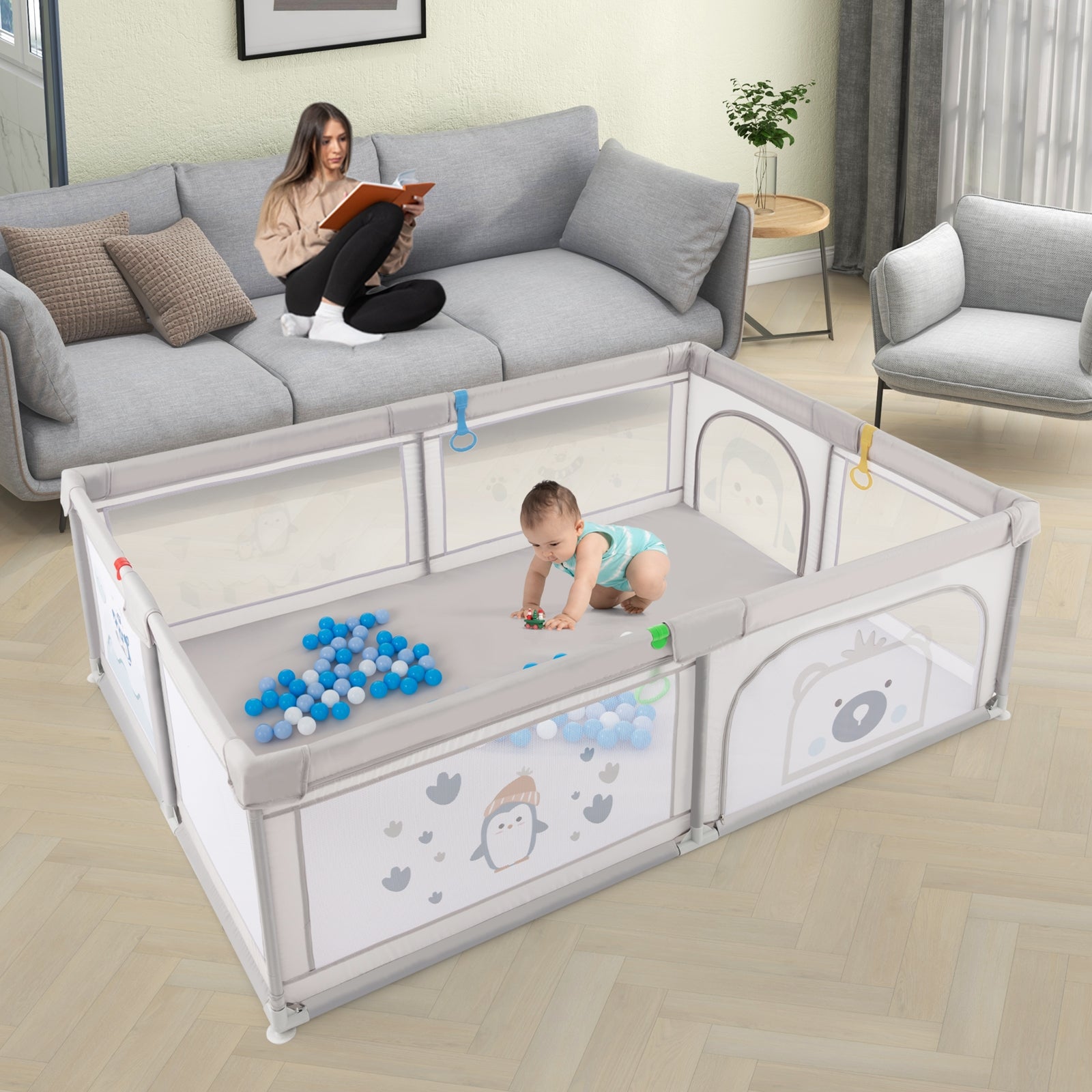 Large Baby Playpen with Pull Rings Ocean Balls and Cute Pattern-Penguin, Gray Baby Playpen & Playards at Gallery Canada