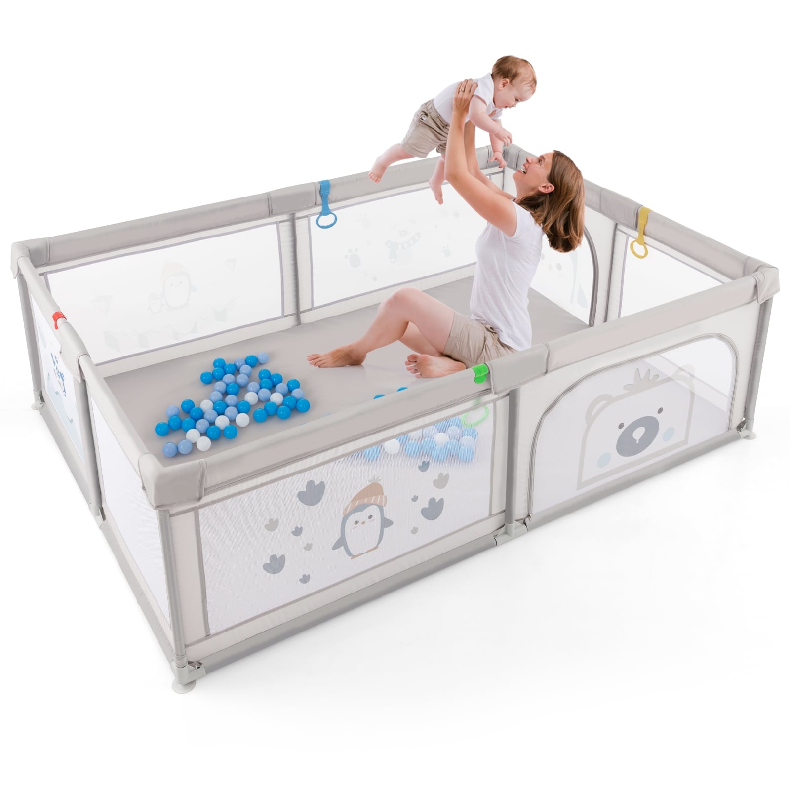 Large Baby Playpen With Pull Rings, Ocean Balls, Penguin Pattern, Gray Baby Playpen & Playards at Gallery Canada