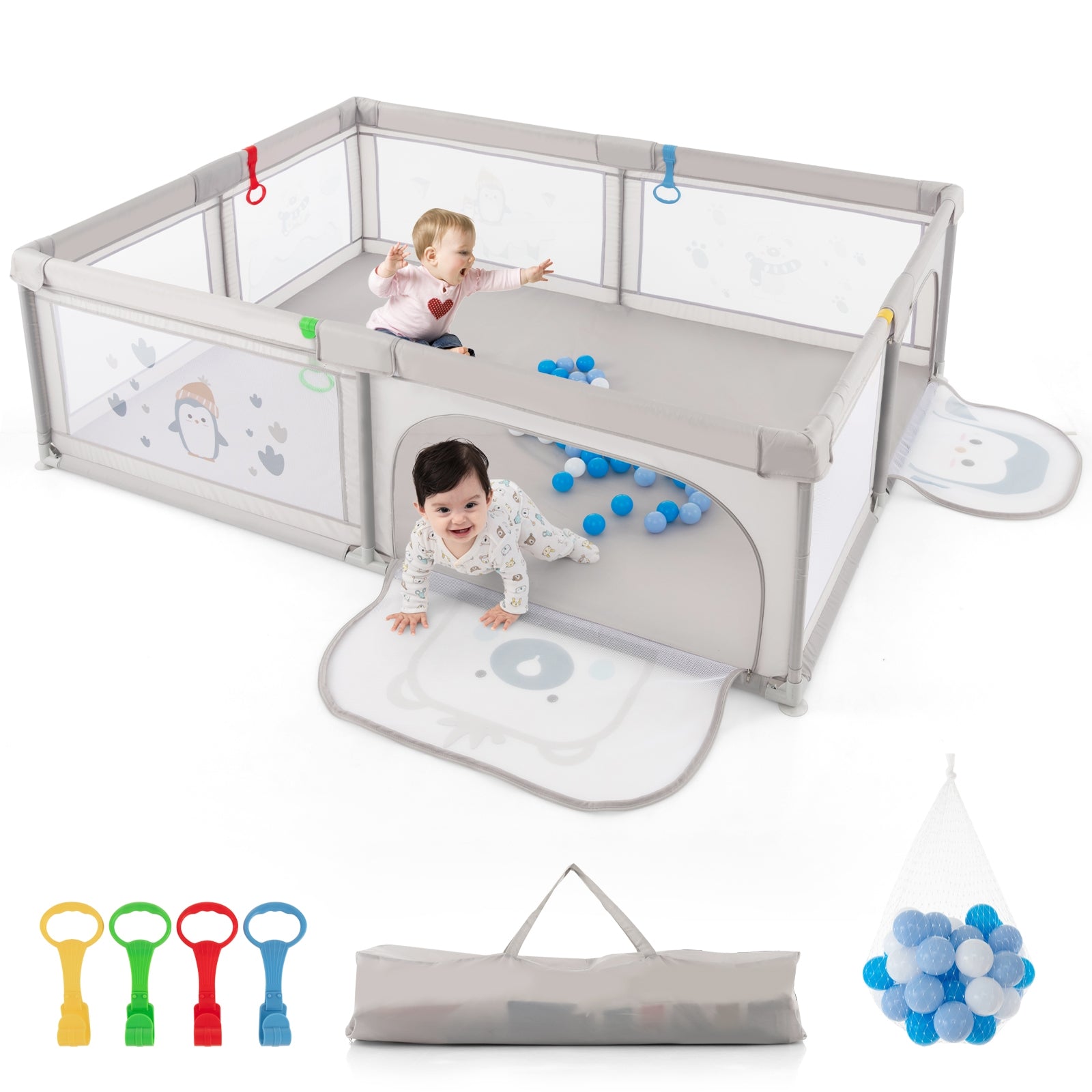 Large Baby Playpen with Pull Rings Ocean Balls and Cute Pattern-Penguin, Gray Baby Playpen & Playards at Gallery Canada
