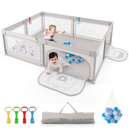 Large Baby Playpen with Pull Rings Ocean Balls and Cute Pattern-Penguin, Gray Baby Playpen & Playards at Gallery Canada