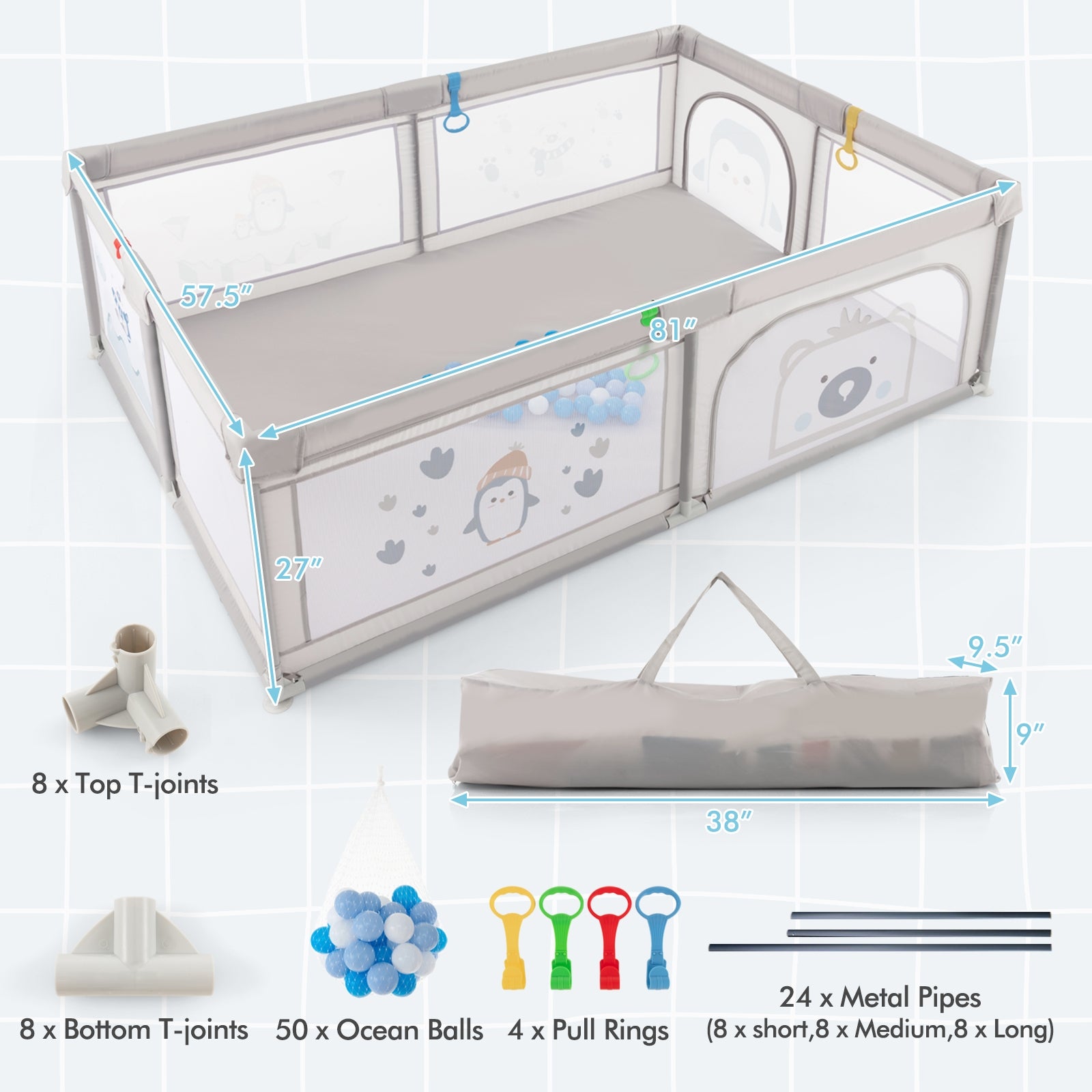 Large Baby Playpen with Pull Rings Ocean Balls and Cute Pattern-Penguin, Gray Baby Playpen & Playards at Gallery Canada