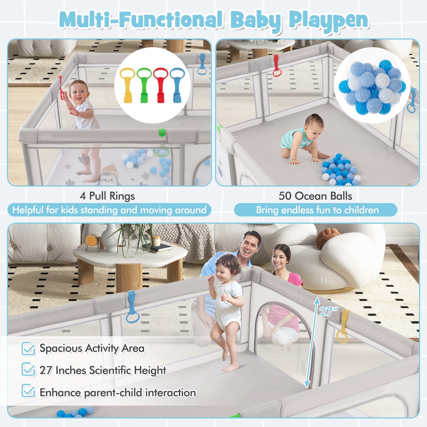 Large Baby Playpen with Pull Rings Ocean Balls and Cute Pattern-Penguin, Gray Baby Playpen & Playards at Gallery Canada