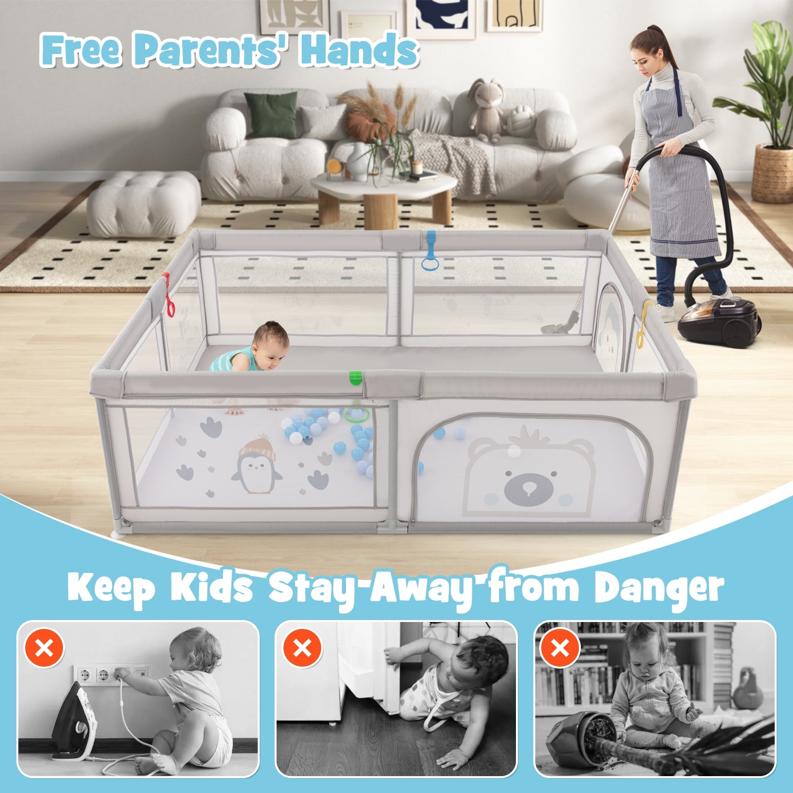 Large Baby Playpen with Pull Rings Ocean Balls and Cute Pattern-Penguin, Gray Baby Playpen & Playards at Gallery Canada