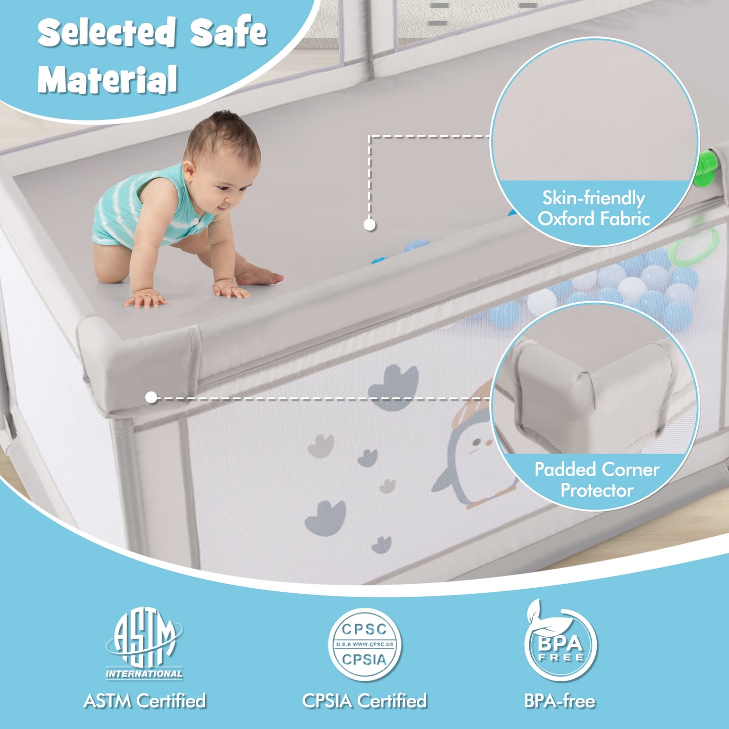Large Baby Playpen with Pull Rings Ocean Balls and Cute Pattern-Penguin, Gray Baby Playpen & Playards at Gallery Canada