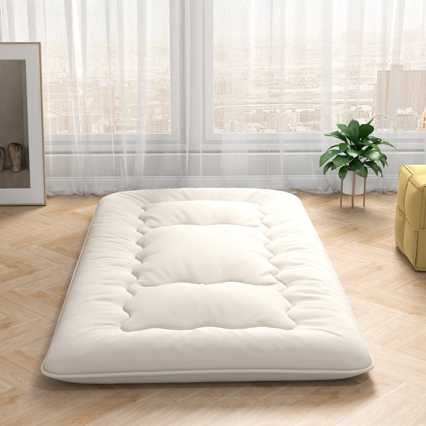 Queen/King/Twin/Full Futon Mattress Floor Sleeping Pad with Washable Cover Beige-Twin Size, Beige