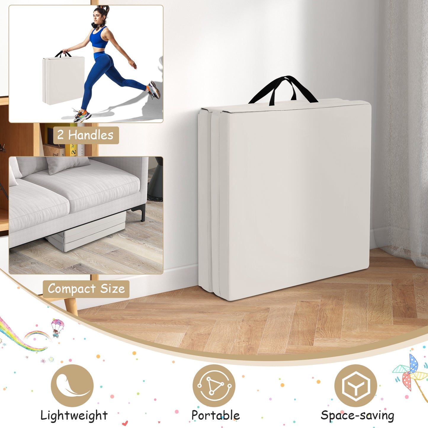 6 x 2 FT Tri-Fold Gym Mat with Handles and Removable Zippered Cover, Light Gray Yoga & Gym Mats at Gallery Canada