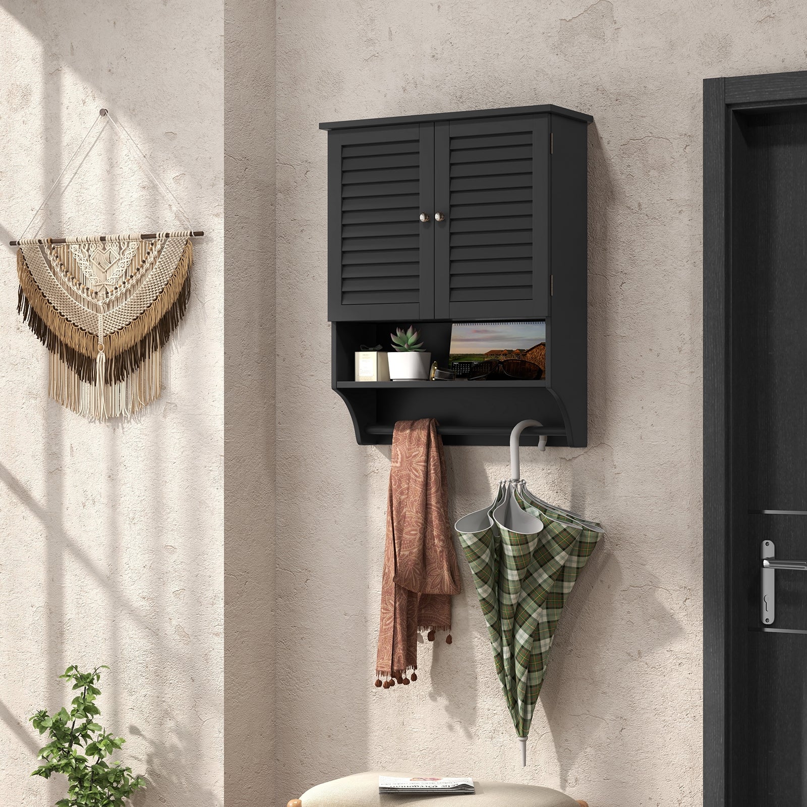 2-Doors Bathroom Wall-Mounted Medicine Cabinet with Towel Bar, Black Wall Cabinets at Gallery Canada
