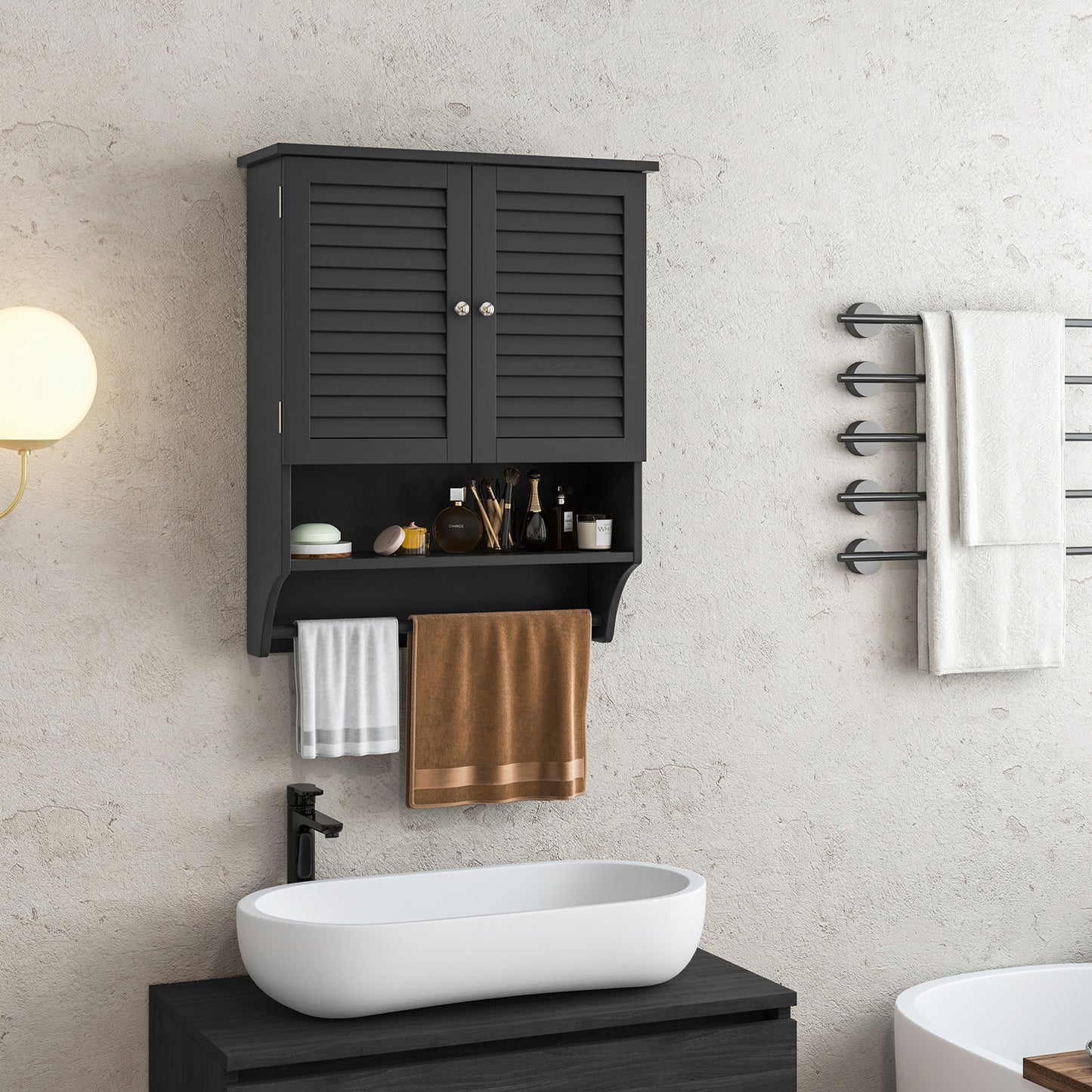 2-Doors Bathroom Wall-Mounted Medicine Cabinet with Towel Bar, Black Wall Cabinets at Gallery Canada