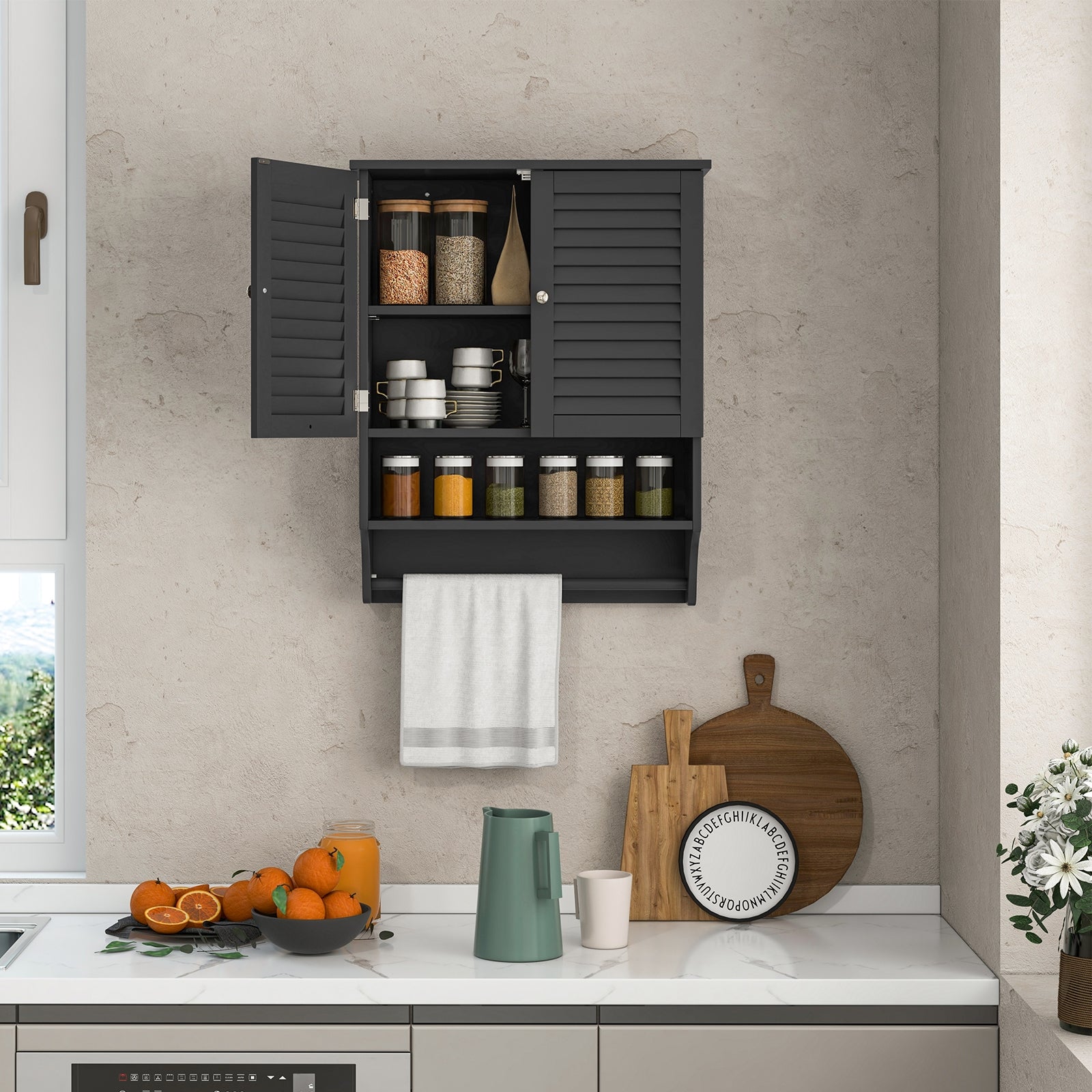 2-Doors Bathroom Wall-Mounted Medicine Cabinet with Towel Bar, Black Wall Cabinets at Gallery Canada