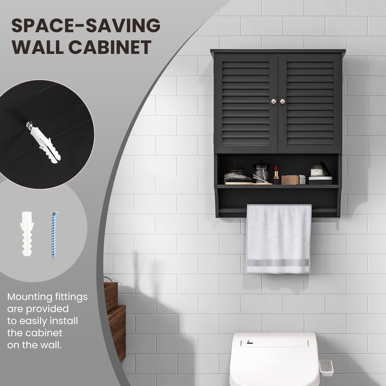 2-Doors Bathroom Wall-Mounted Medicine Cabinet with Towel Bar, Black Wall Cabinets at Gallery Canada