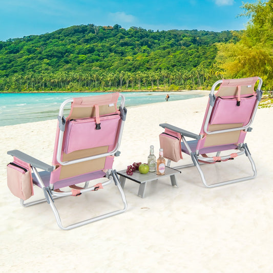 2 Packs 5-Position Outdoor Folding Backpack Beach Table Chair Reclining Chair Set, Pink - Gallery Canada