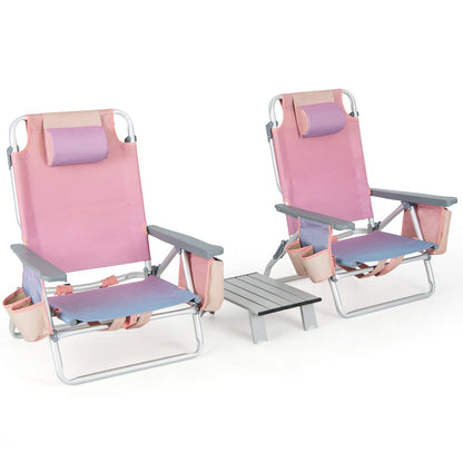 2 Packs 5-Position Outdoor Folding Backpack Beach Table Chair Reclining Chair Set, Pink