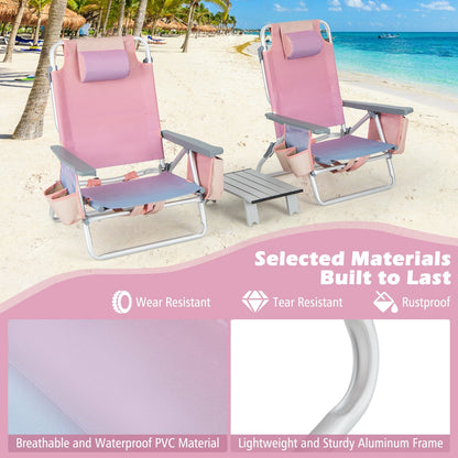 2 Packs 5-Position Outdoor Folding Backpack Beach Table Chair Reclining Chair Set, Pink
