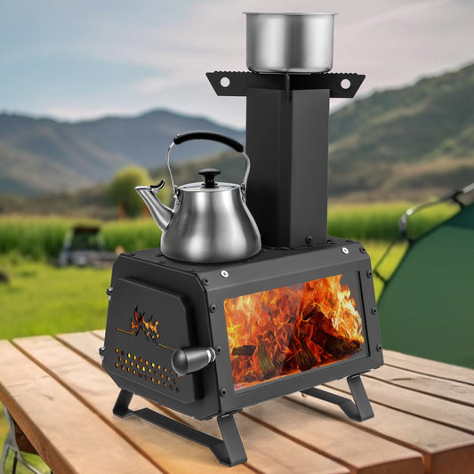 Portable Wood Camping Burning Stove Heater with 2 Cooking Positions, Black - Gallery Canada