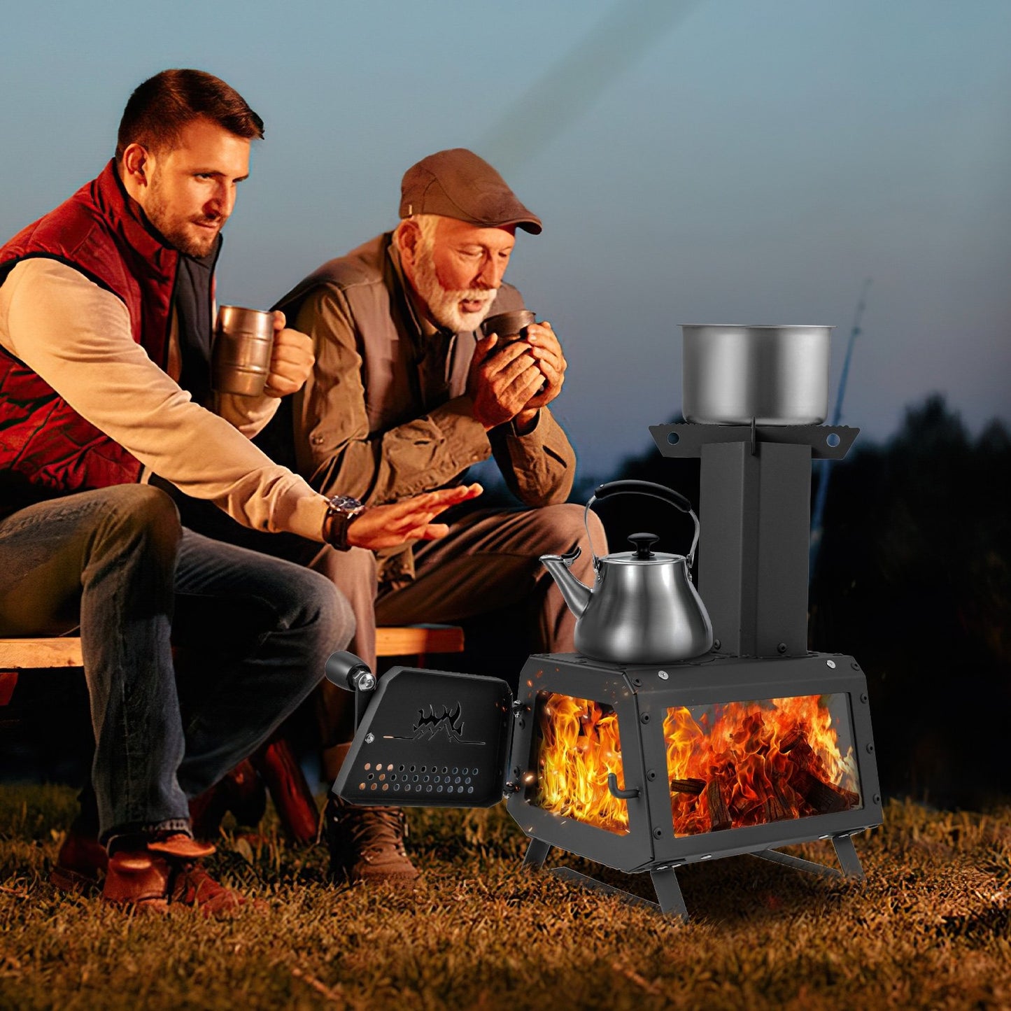 Portable Wood Camping Burning Stove Heater with 2 Cooking Positions, Black at Gallery Canada