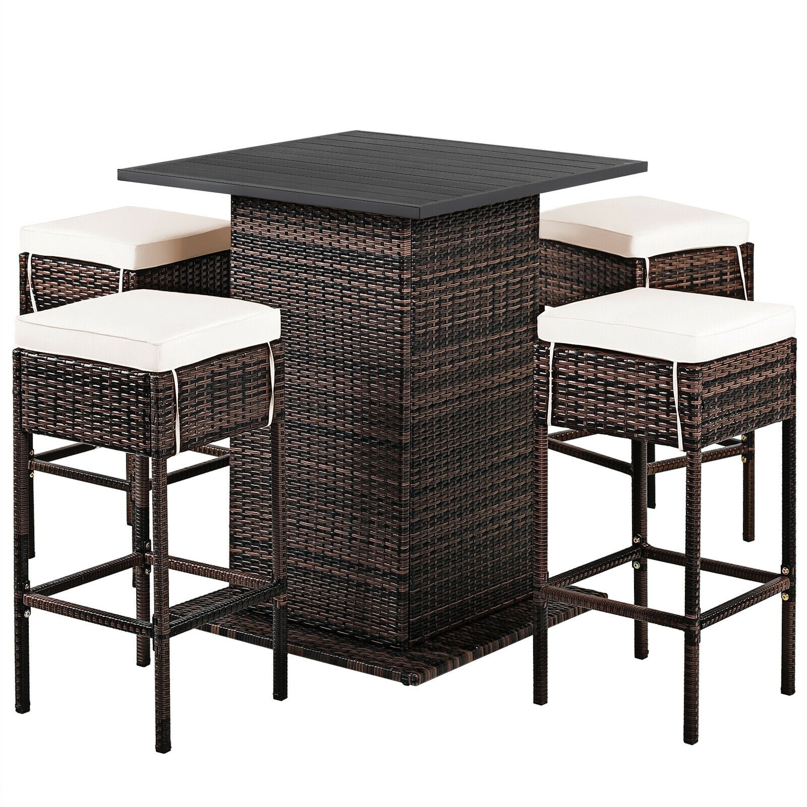 5 Pieces Patio Rattan Bar Table Stool Set Hidden Storage Shelf Cushioned, White Patio Bar Furniture White at Gallery Canada