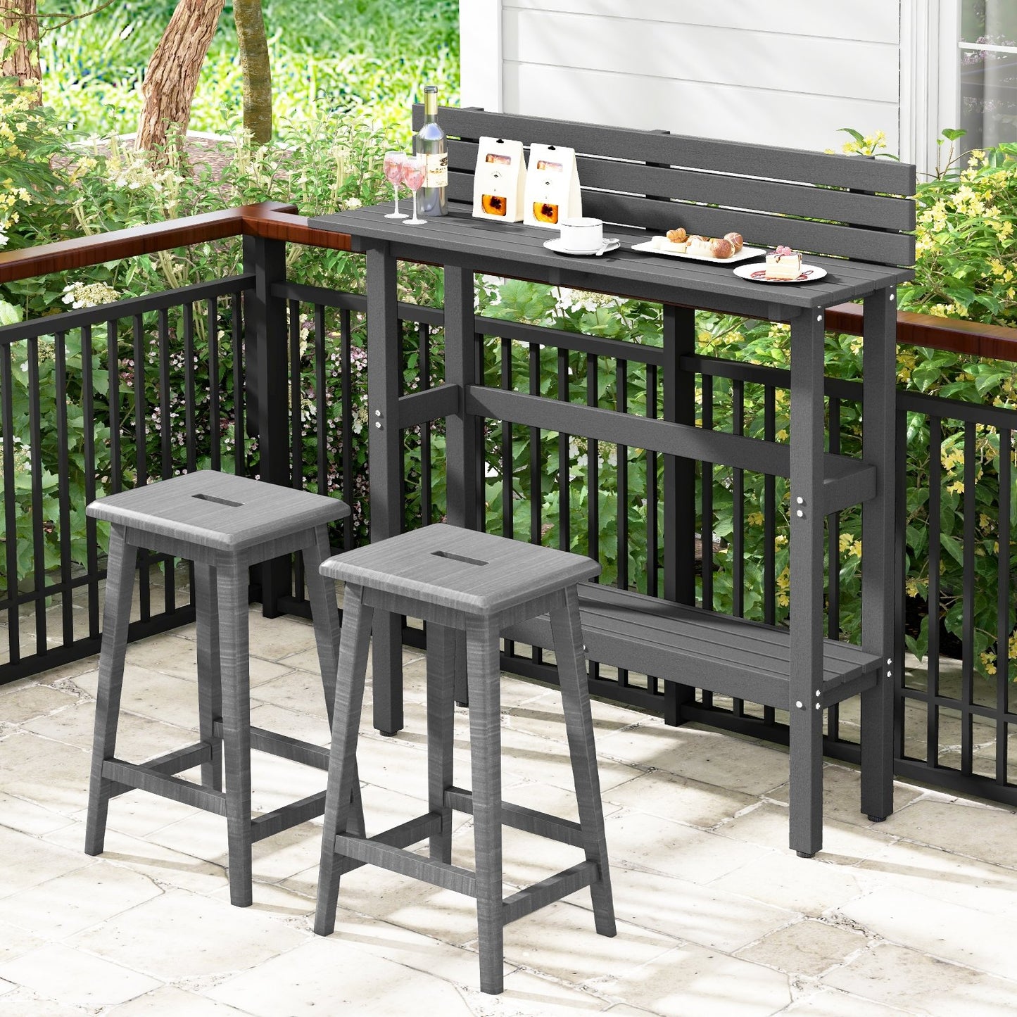 48" Patio Pub Height Table with Storage Shelf and Adjustable Foot Pads, Gray