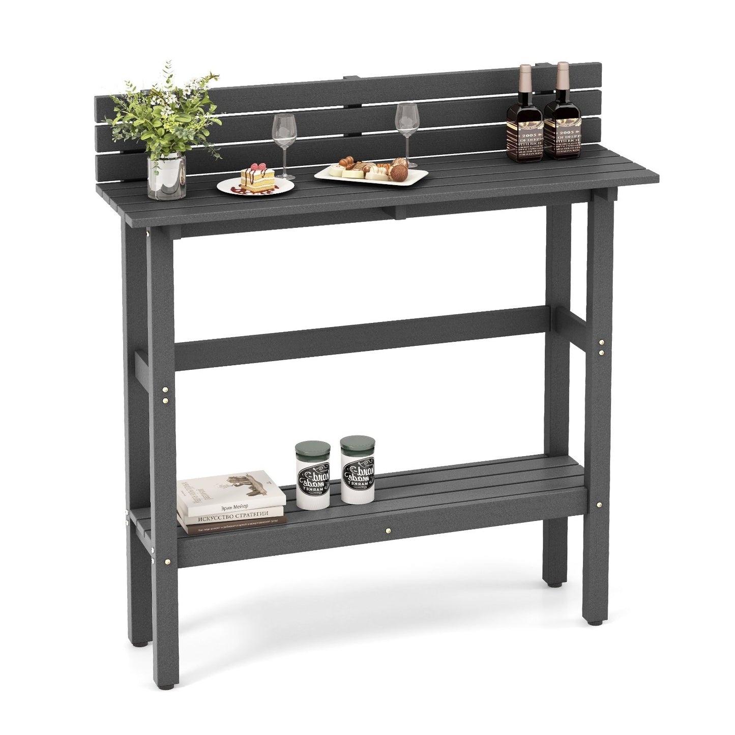 48" Patio Pub Height Table with Storage Shelf and Adjustable Foot Pads, Gray