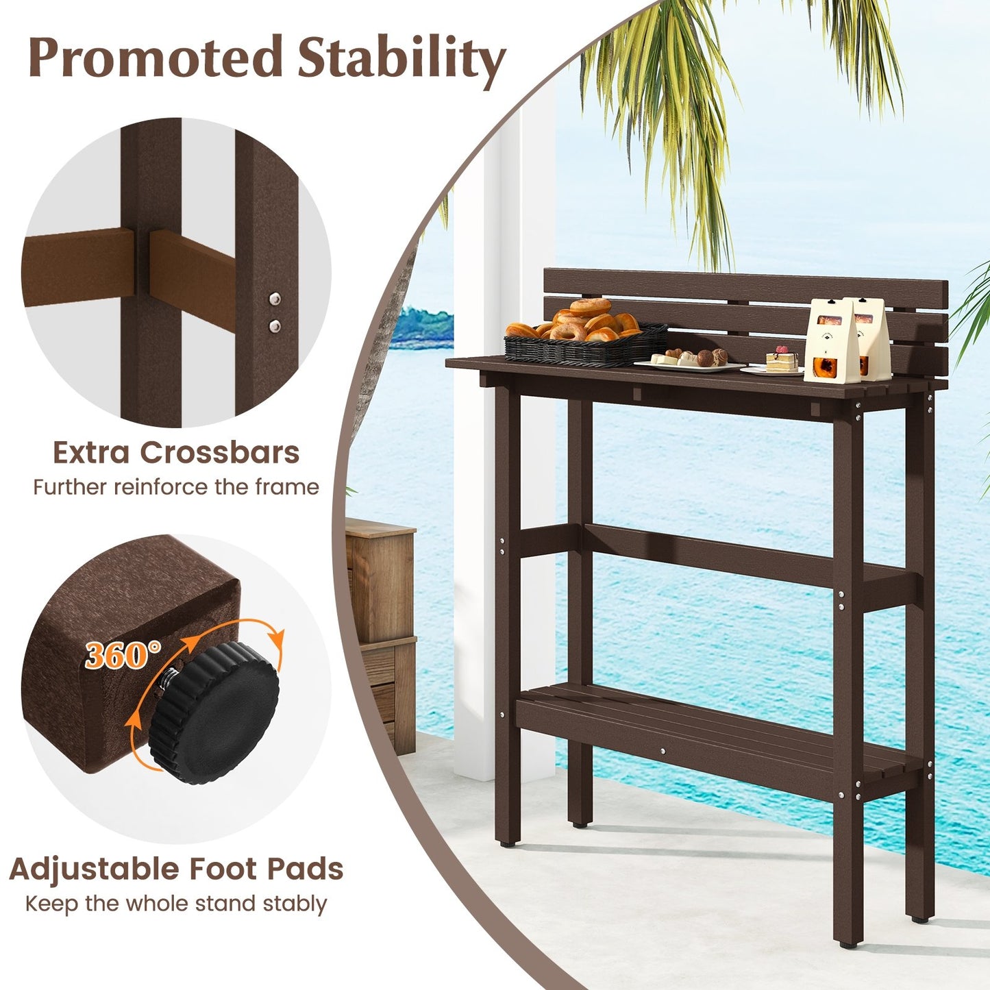 48" Patio Pub Height Table with Storage Shelf and Adjustable Foot Pads, Brown