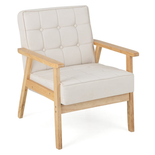 Upholstered Armchair with Rubber Wood Armrests, Beige