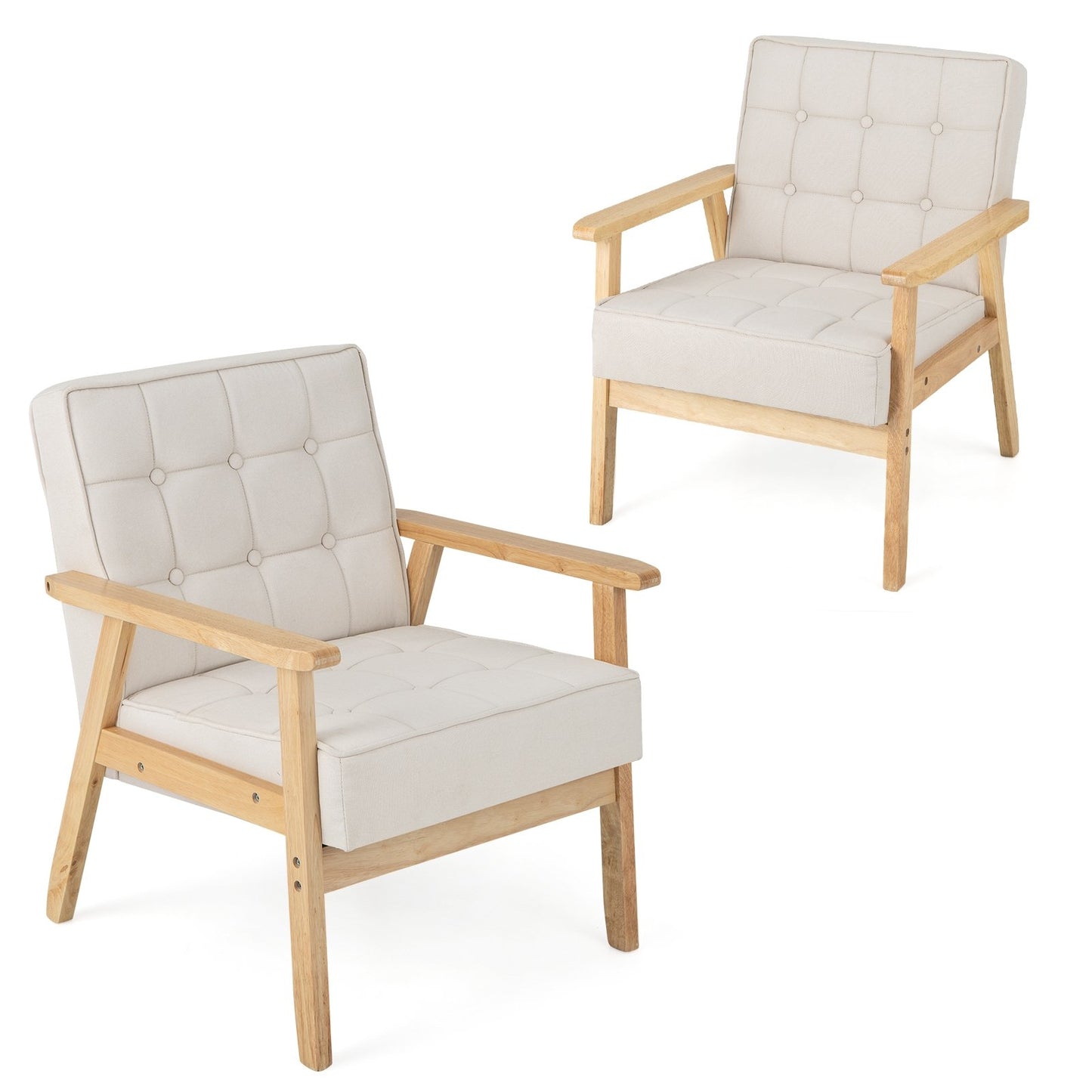 Upholstered Armchair with Rubber Wood Armrests, Beige