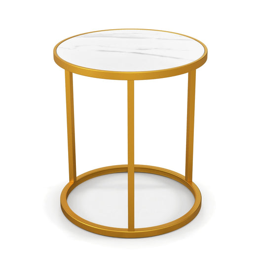 Marble Top Round Side Table 16-Inch End Table with Golden Metal Frame-1 Piece, Golden
